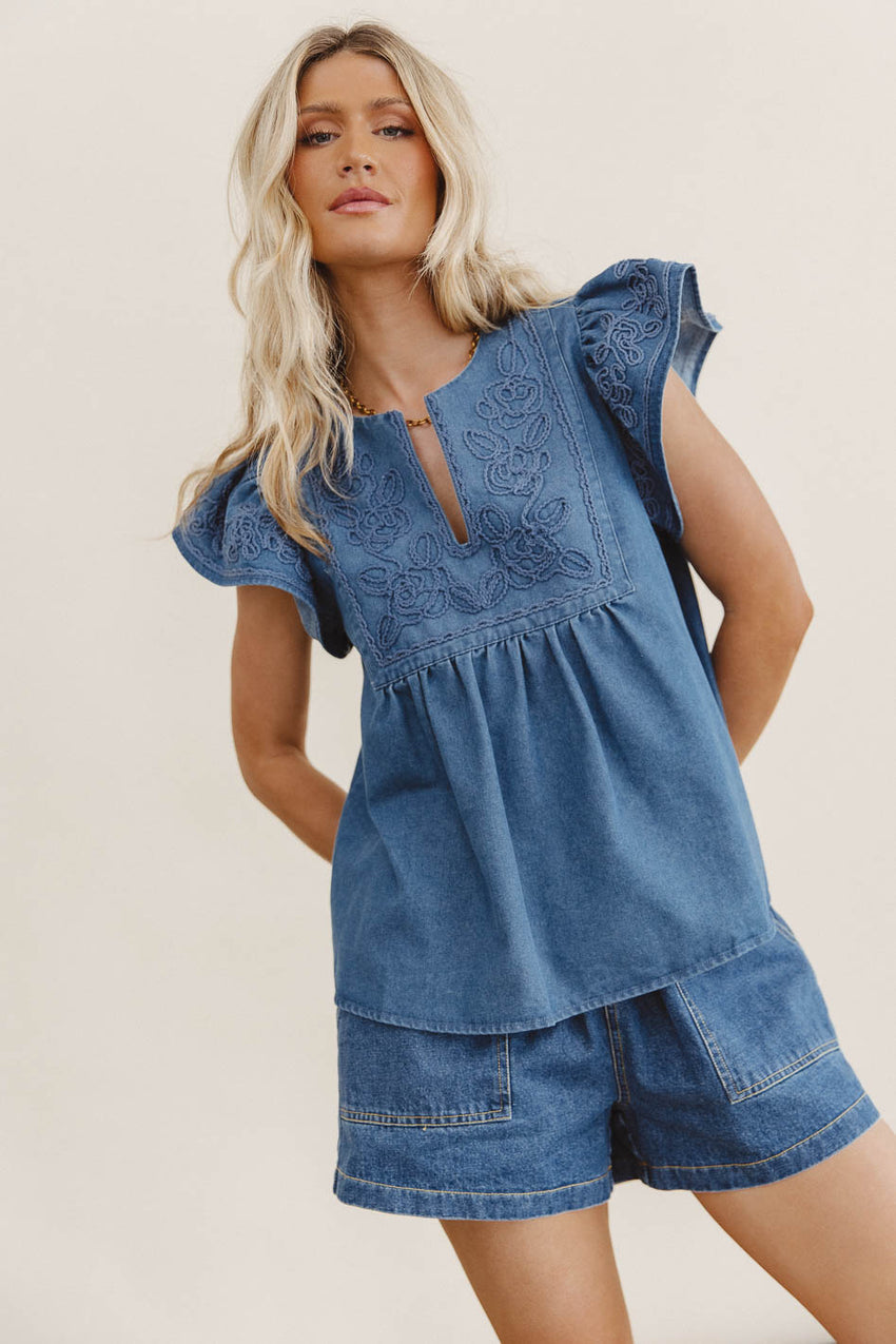 Quiney Embroidered Top in Denim - FINAL SALE