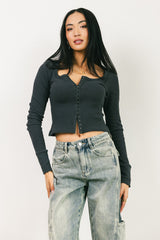 Abigail Waffle Knit Top In Charcoal - Final Sale