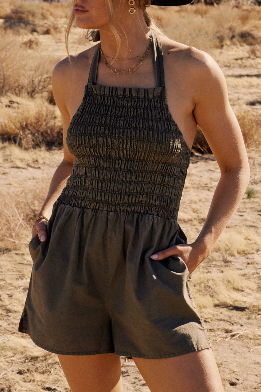 Bonnie Smocked Romper In Olive - Final Sale