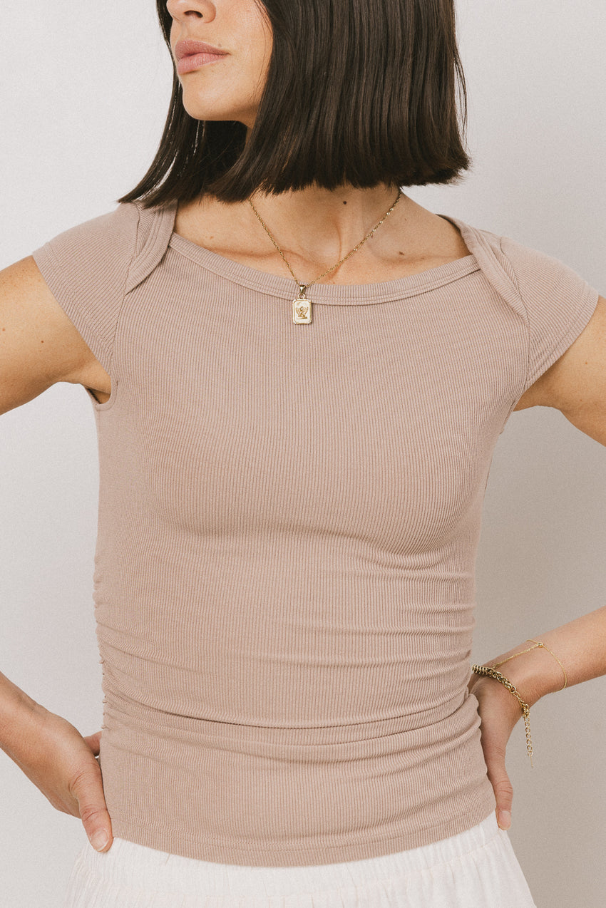 Leia Cap Sleeve Basic Top In Taupe - Final Sale