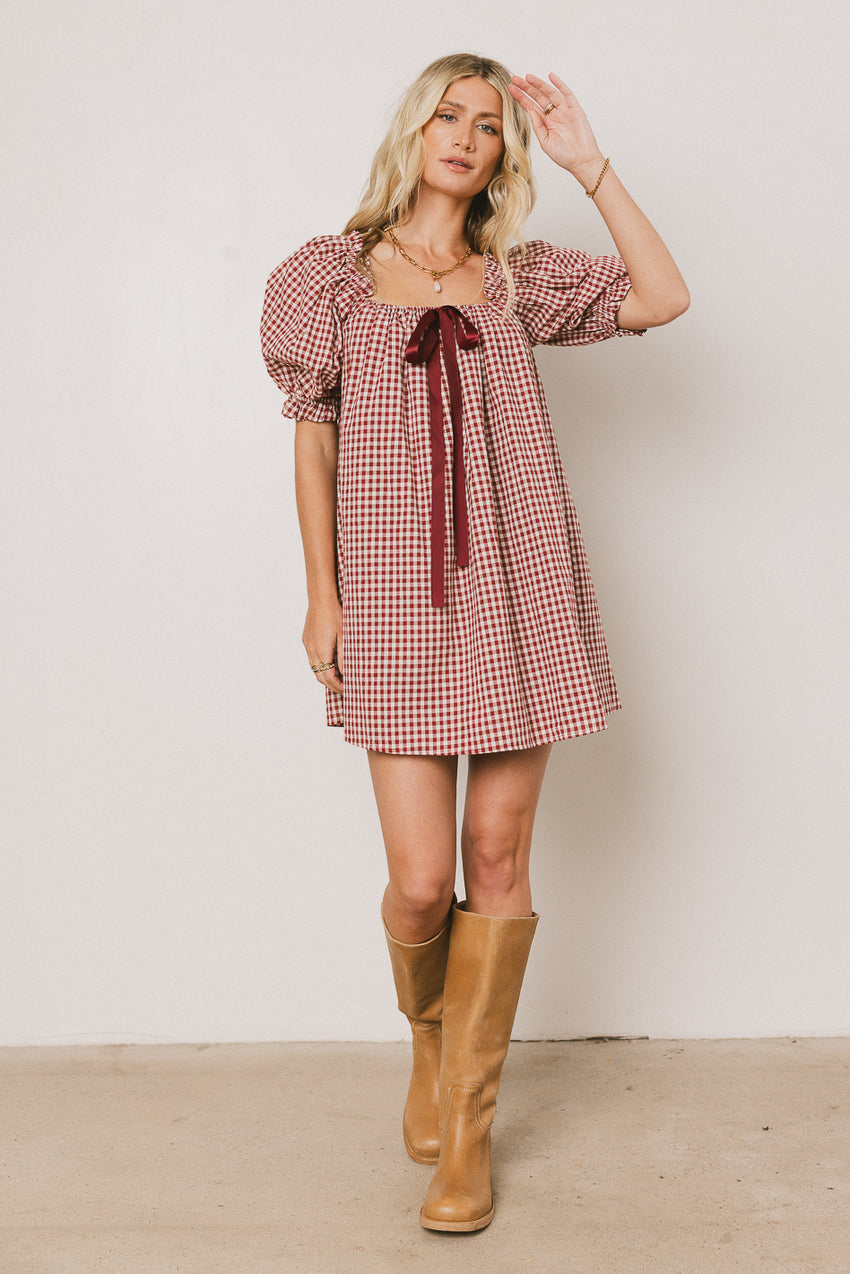 Cody Gingham Mini Dress In Burgundy