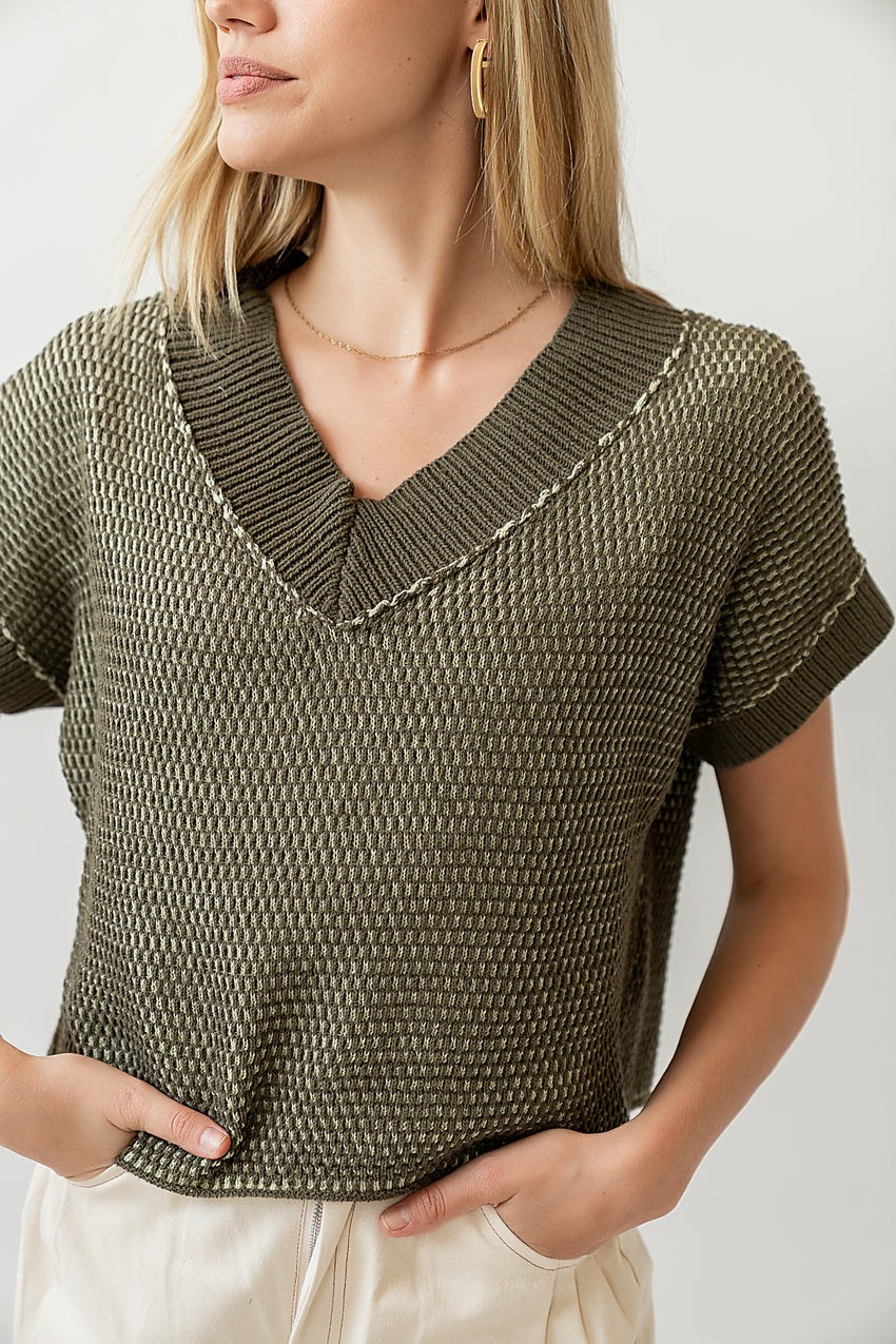 Saige Contrast Sweater In Olive - Final Sale