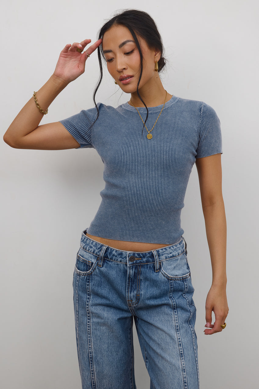Rome Ribbed Top In Slate Blue