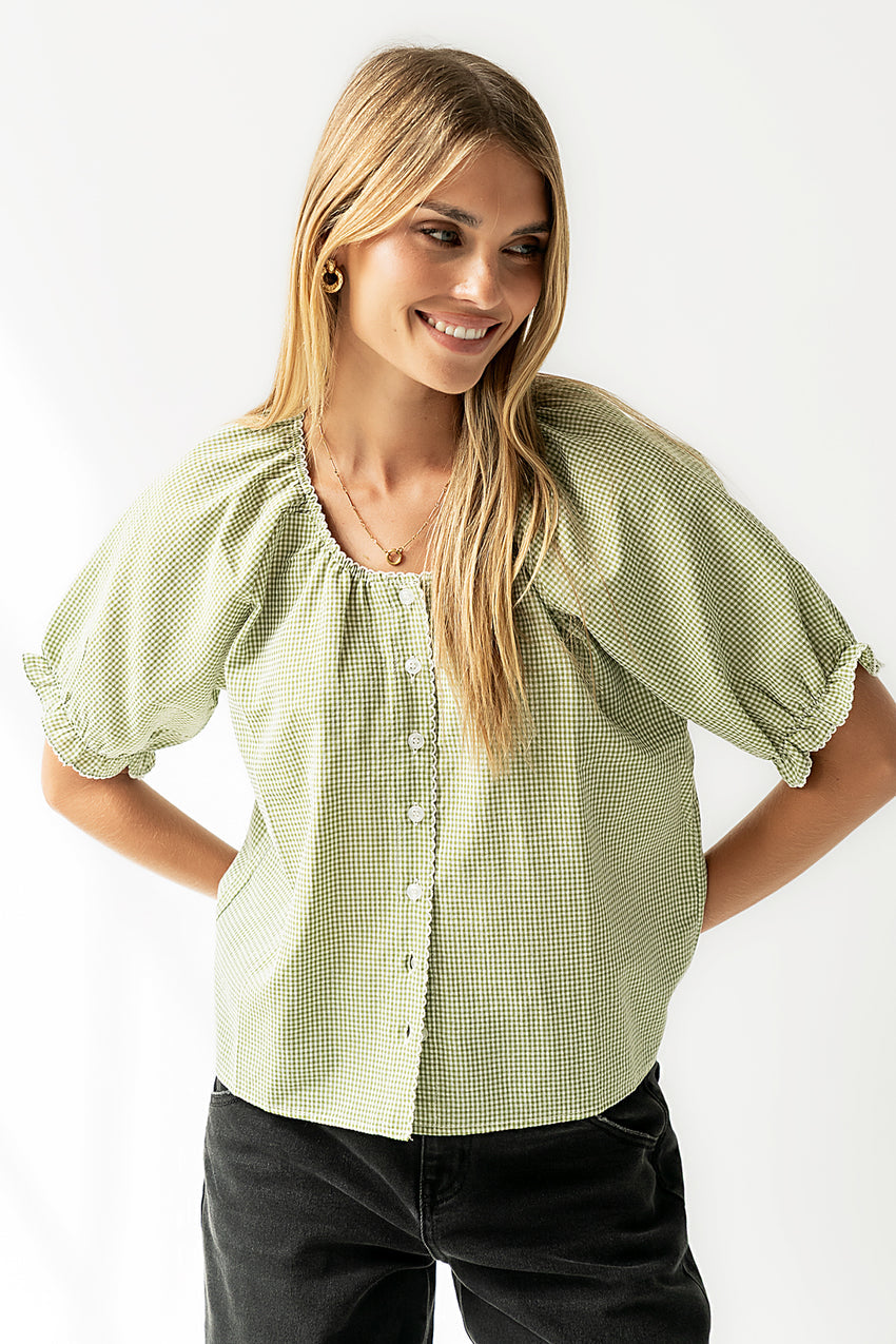 Benny Gingham Blouse In Green - Final Sale