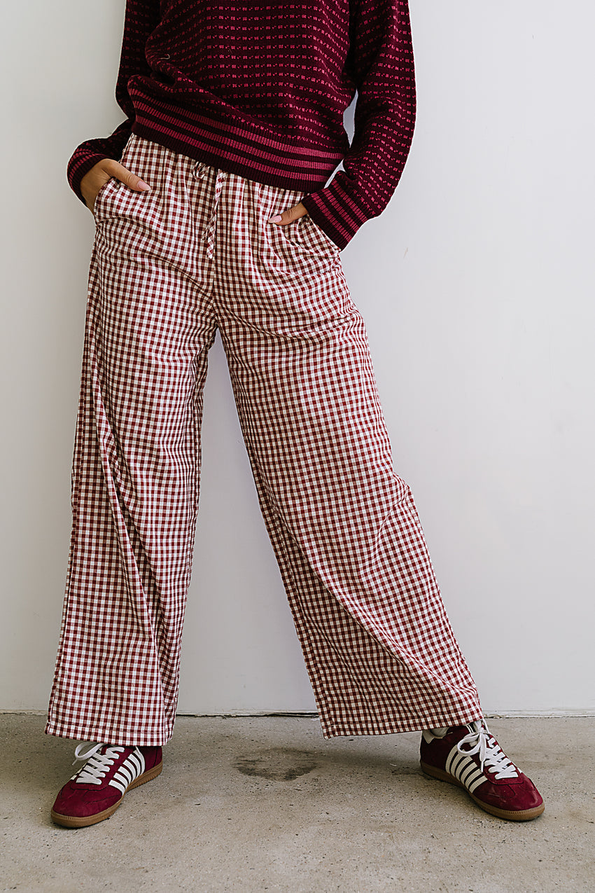 Ada Gingham Wide Leg Pants In Burgundy - Final Sale