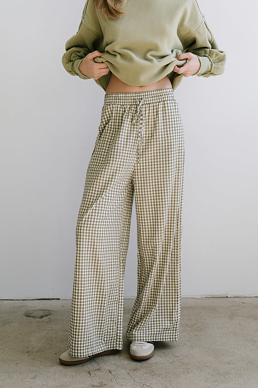 Ada Gingham Wide Leg Pants In Olive - Final Sale