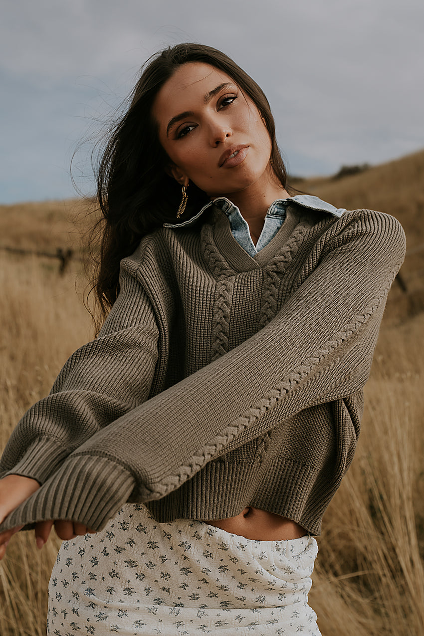 Melissa Contrast Sweater In Olive - Final Sale