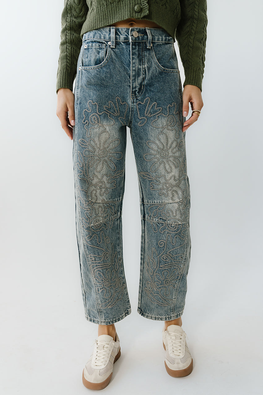 Kinsey Embroidered Barrel Jeans in Medium Wash - FINAL SALE