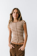 Vestia Striped Button Up Tee In Mocha