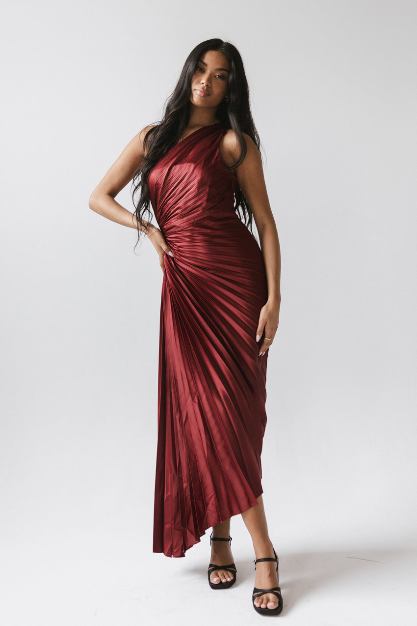 Asymmetrical Pleated Maxi Dress In Wine - Final Sale