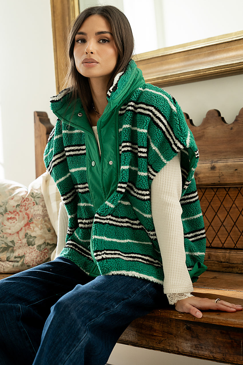 Mellanie Striped Sherpa Vest In Green - Final Sale
