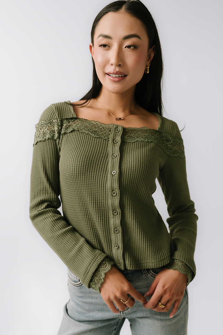Kandice Waffle Knit Top In Olive - Final Sale