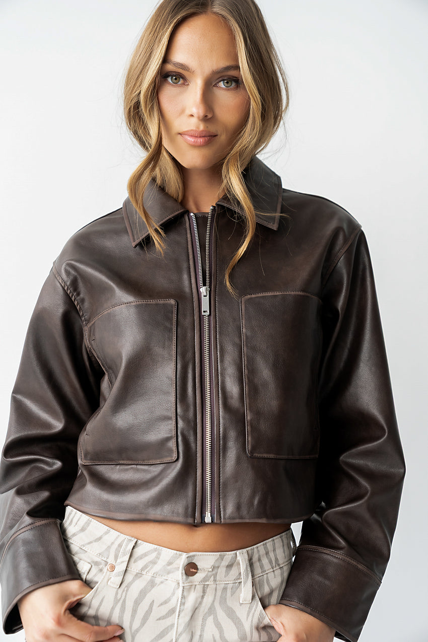 Jaymie Vegan Leather Jacket In Brown - Final Sale