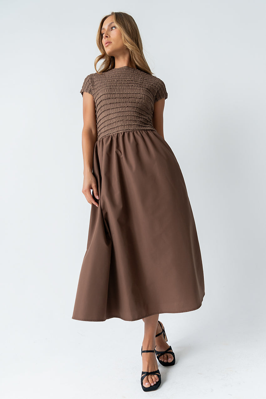 Lorie Mixed Media Maxi Dress In Brown