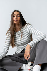 Mia Button Up Top In Striped Grey - Final Sale