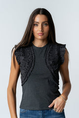 Storie Mixed Media Top In Charcoal - Final Sale