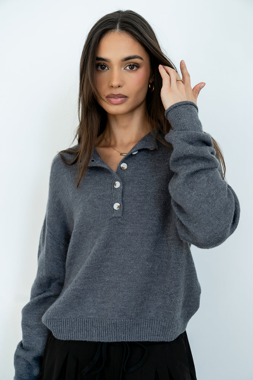 Meli Button Front Knit Sweater In Grey - Final Sale