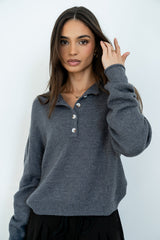 Meli Button Front Knit Sweater In Grey - Final Sale