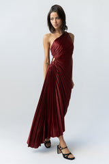 Asymmetrical Pleated Maxi Dress In Wine - Final Sale