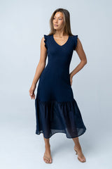 Lara Ribbed Midi Dress in Navy
