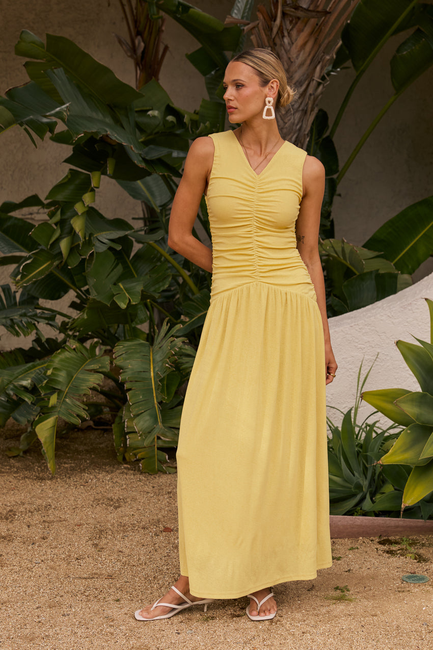 Kandi Ruched Maxi Dress in Yellow - FINAL SALE