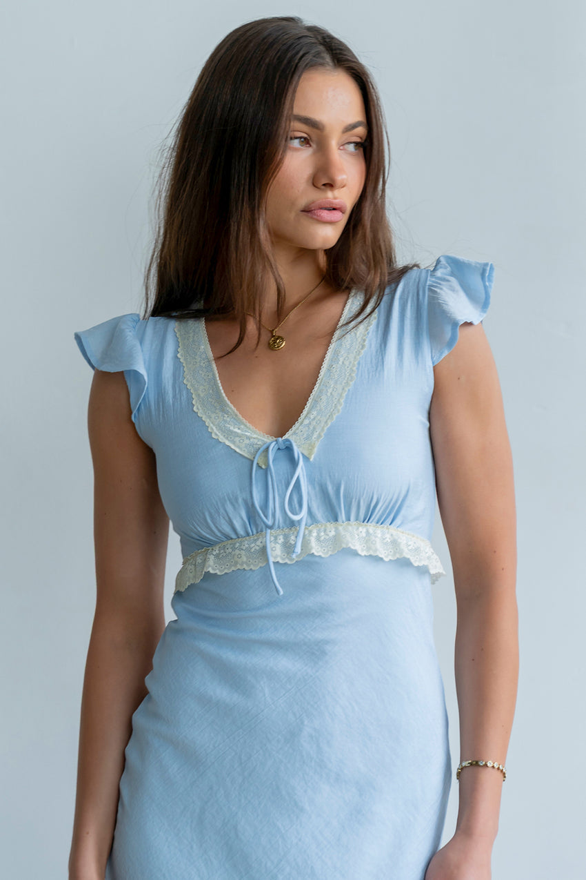 Jessica Lace Trim Maxi Dress In Blue - Final Sale