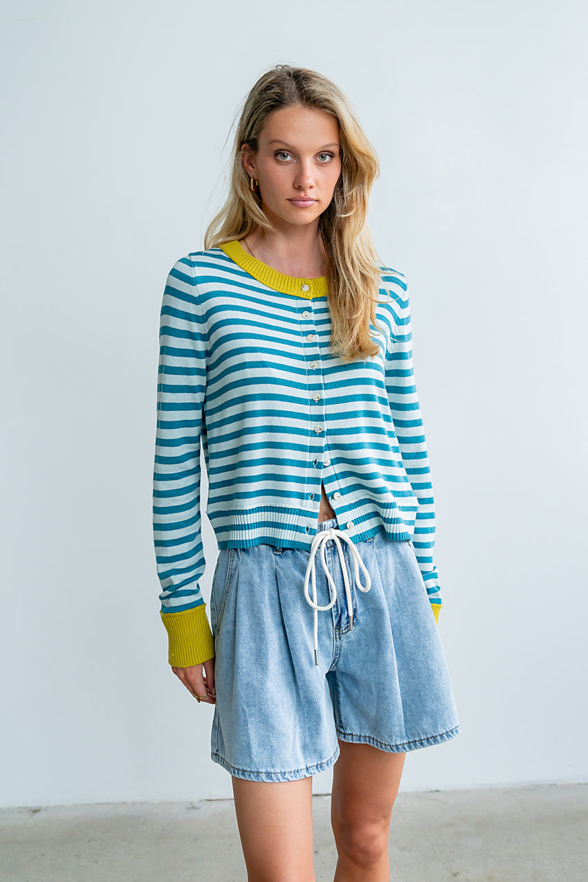 Kailey Striped Cardigan In Teal