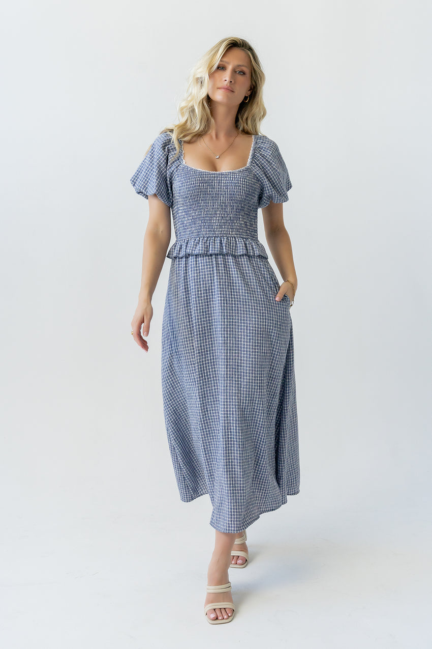 Renley Plaid Midi Dress In Navy
