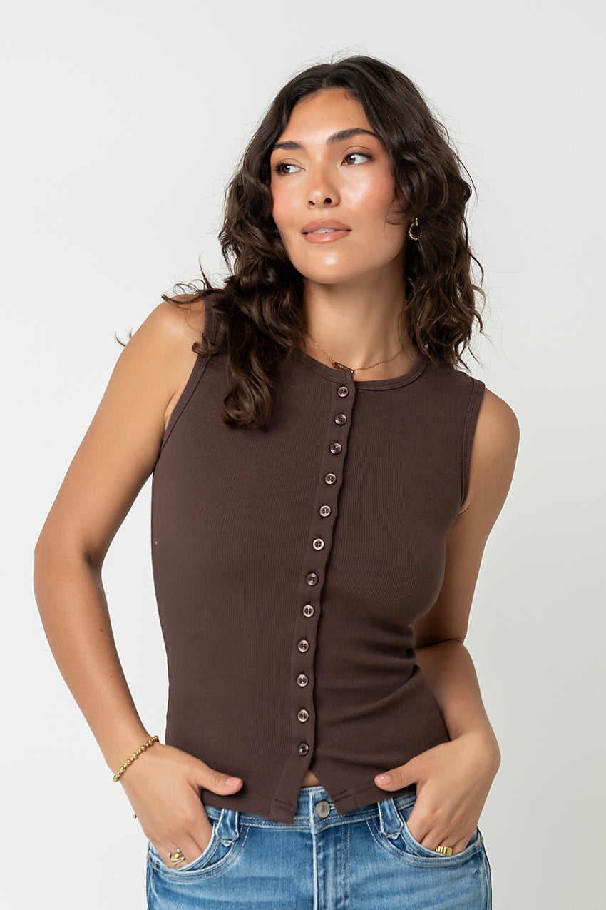 Lucas Button Up Tank Top in Brown - FINAL SALE
