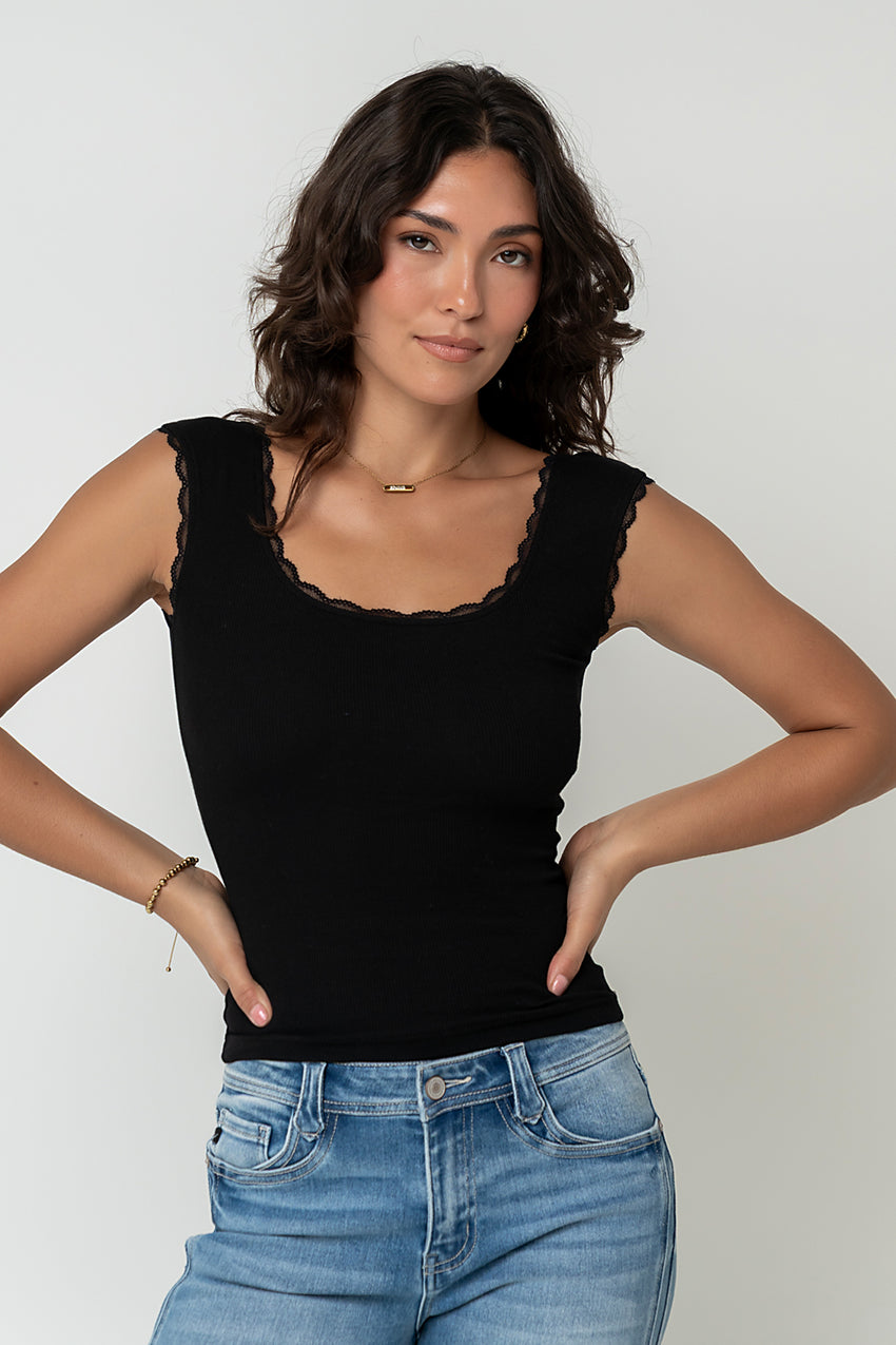 Sawyer Lace Trim Tank Top in Black