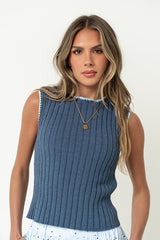 Gentry Contrast Ribbed Tank In Blue - Final Sale