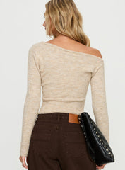 Selbey Fluffy Cinched Waist Off Shoulder Top Cream Marle