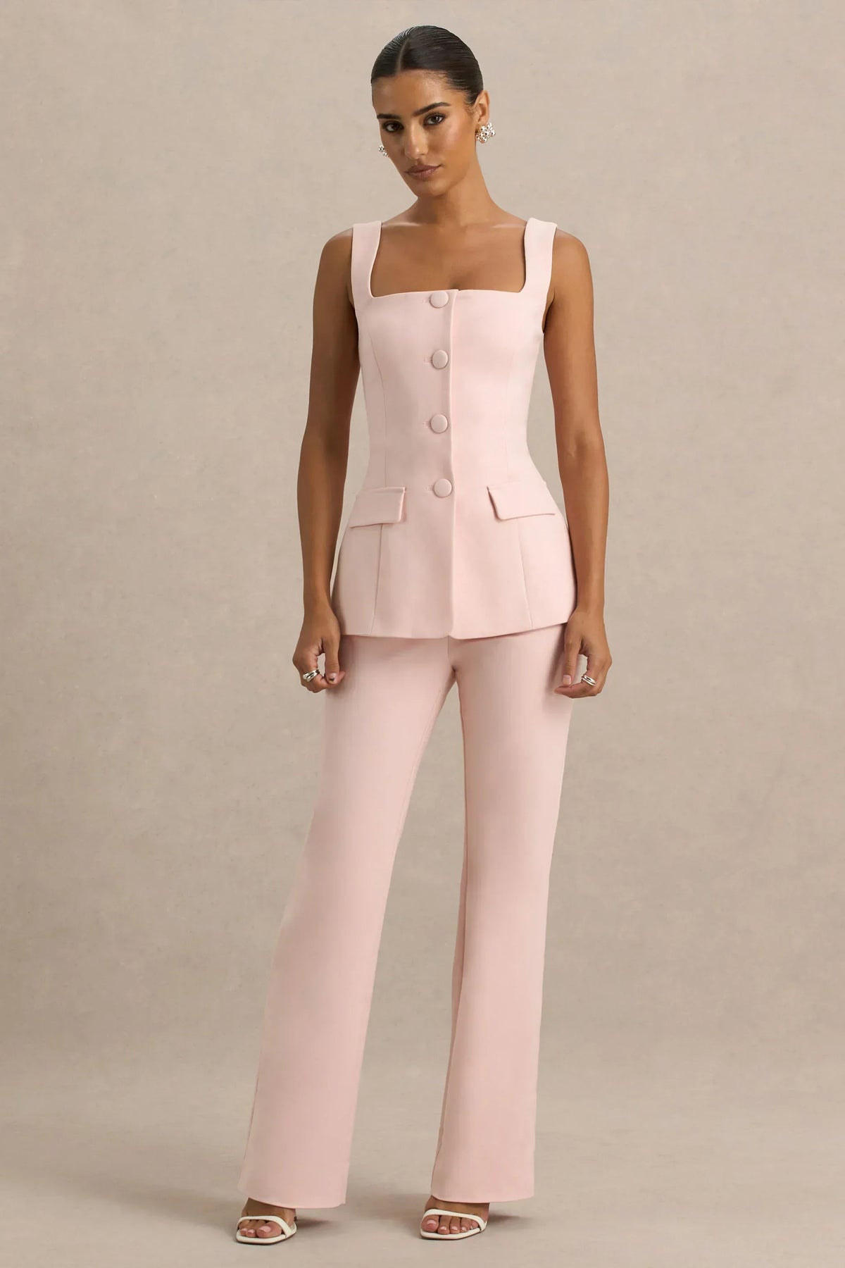 Aceline | Baby Pink Square-Neck Tailored Jumpsuit
