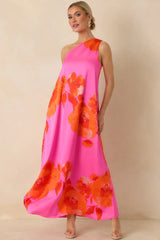 No Introduction Pink Multi Floral Print Satin One Shoulder Maxi Dress