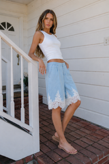 Mazie Lace Trim Shorts In Light Wash